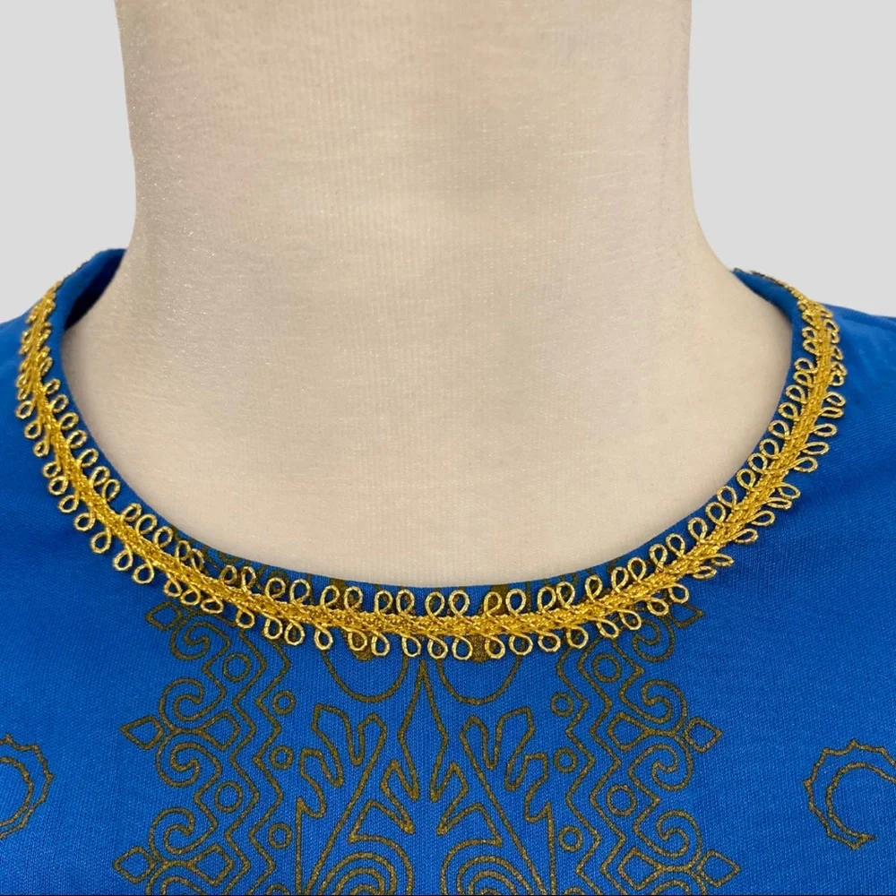 Vintage 70s Alfred Shaheen Blue and Gold Sleeveless Maxi Dress - Picture 6 of 9
